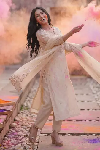 Floral Embroidered Liva Kurta with Trousers & Dupatta
