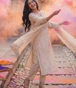 Floral Embroidered Liva Kurta with Trousers & Dupatta