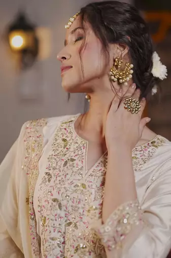 Floral Embroidered Liva Kurta with Trousers & Dupatta