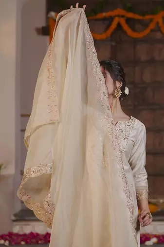 Floral Embroidered Liva Kurta with Trousers & Dupatta