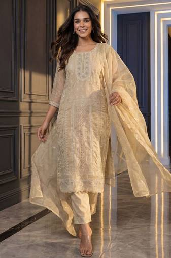 Women Ethnic Motifs Embroidered Regular Thread Work Kurta with Trousers & With Dupatta