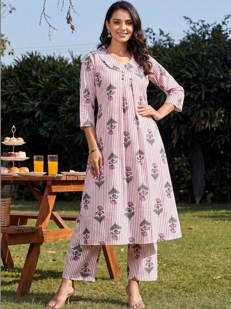 Women Printed Regular  Cotton Kurta with Trousers