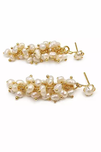 Pure natural freshwater pearl cluster drop earrings with gold-tone studs