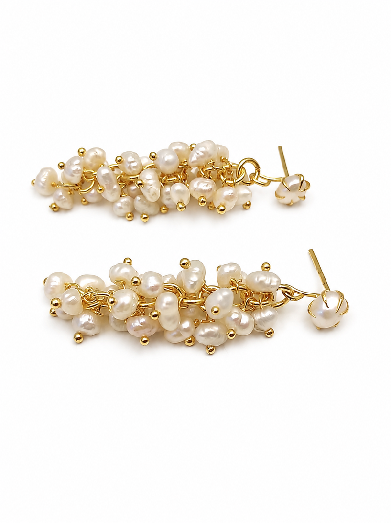 Pure natural freshwater pearl cluster drop earrings with gold-tone studs