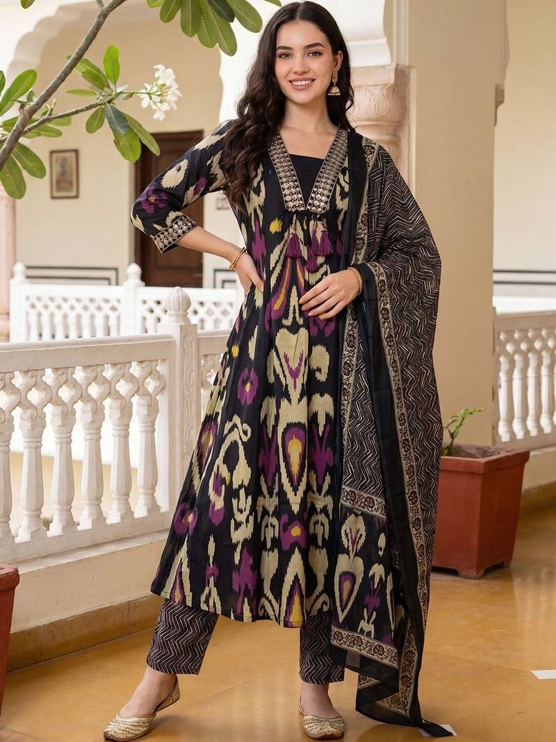 Women Ethnic Motifs Printed Regular  Cotton Kurta with Trousers & With Dupatta