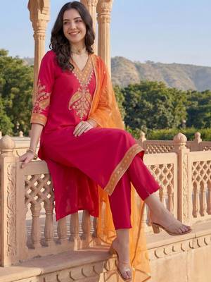 Women Ethnic Motifs Embroidered Regular Thread Work Kurta with Trousers & With Dupatta 1