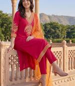 Women Ethnic Motifs Embroidered Regular Thread Work Kurta with Trousers & With Dupatta