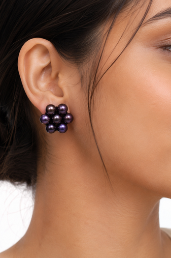 Dark purple freshwater pearl cluster flower stud earrings