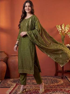 Women Ethnic Motifs Embroidered Regular Kurta with Trousers & With Dupatta 1