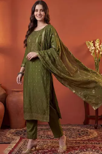 Women Ethnic Motifs Embroidered Regular Kurta with Trousers & With Dupatta
