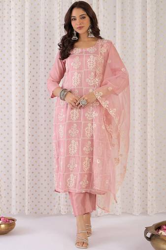 Floral Embroidered Thread Work Straight Kurta With Trouser And Dupatta