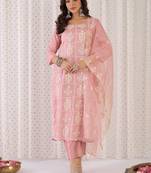 Floral Embroidered Thread Work Straight Kurta With Trouser And Dupatta