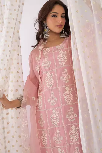 Floral Embroidered Thread Work Straight Kurta With Trouser And Dupatta