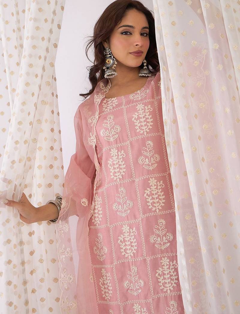 Floral Embroidered Thread Work Straight Kurta With Trouser And Dupatta
