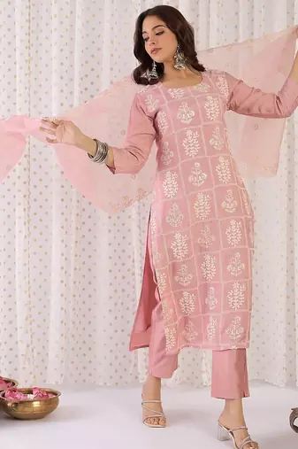 Floral Embroidered Thread Work Straight Kurta With Trouser And Dupatta