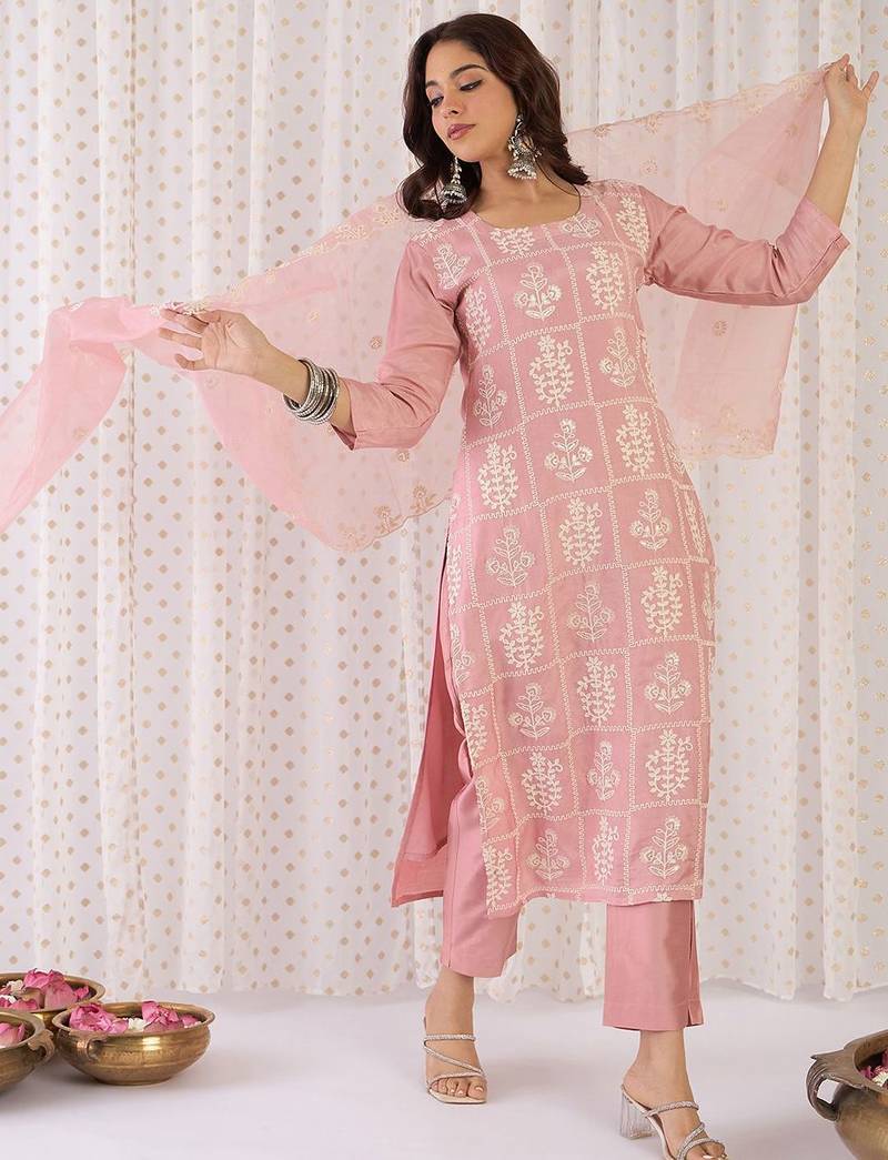 Floral Embroidered Thread Work Straight Kurta With Trouser And Dupatta