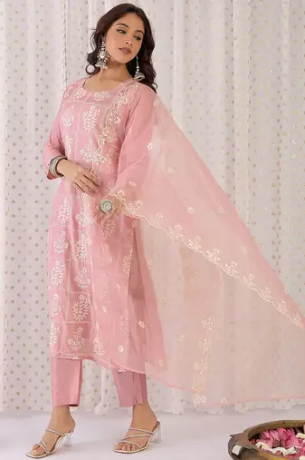 Floral Embroidered Thread Work Straight Kurta With Trouser And Dupatta