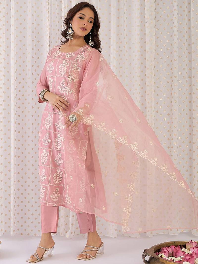 Floral Embroidered Thread Work Straight Kurta With Trouser And Dupatta