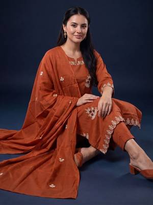Women Ethnic Motifs Embroidered Regular Thread Work  Cotton Kurta with Trousers & With Dupatta 1