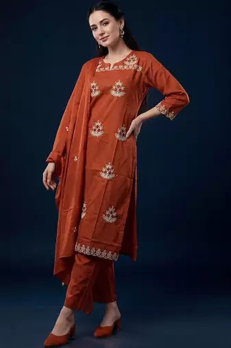 Women Ethnic Motifs Embroidered Regular Thread Work Pure Cotton Kurta with Trousers & With Dupatta