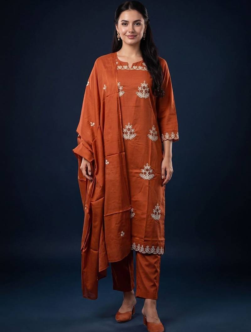 Women Ethnic Motifs Embroidered Regular Thread Work  Cotton Kurta with Trousers & With Dupatta
