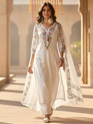 Women Floral Embroidered Regular Sequinned  Cotton Kurta & Trousers & Dupatta 1