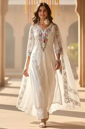 Women Floral Embroidered Regular Sequinned  Cotton Kurta & Trousers & Dupatta
