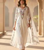 Women Floral Embroidered Regular Sequinned  Cotton Kurta & Trousers & Dupatta