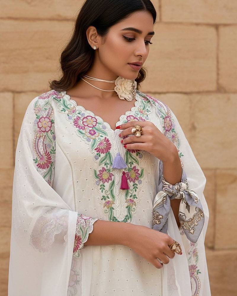 Women Floral Embroidered Regular Sequinned  Cotton Kurta & Trousers & Dupatta