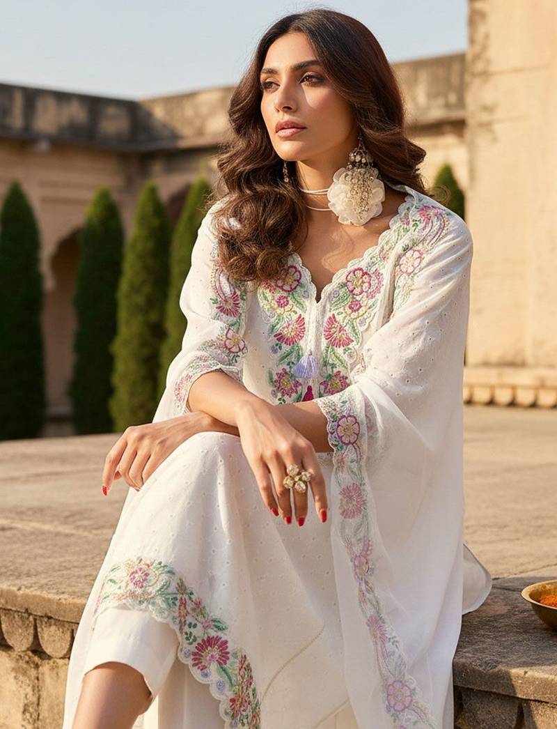 Women Floral Embroidered Regular Sequinned  Cotton Kurta & Trousers & Dupatta