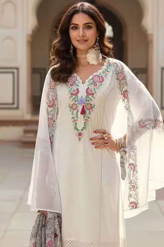 Women Floral Embroidered Regular Sequinned  Cotton Kurta & Trousers & Dupatta