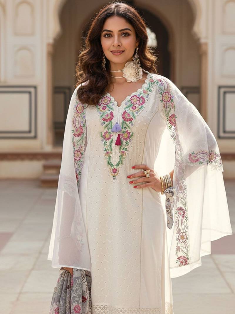 Women Floral Embroidered Regular Sequinned  Cotton Kurta & Trousers & Dupatta