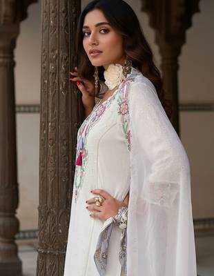 Women Floral Embroidered Regular Sequinned  Cotton Kurta & Trousers & Dupatta 7