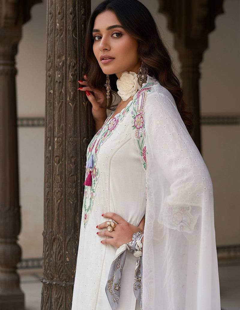 Women Floral Embroidered Regular Sequinned  Cotton Kurta & Trousers & Dupatta