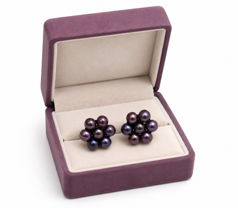 Dark purple freshwater pearl cluster flower stud earrings