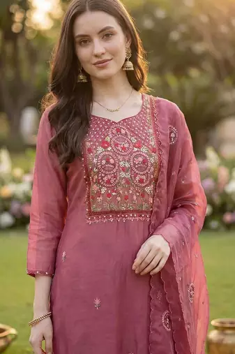Women Floral Embroidered Regular Thread Work Kurta with Trousers & With Dupatta