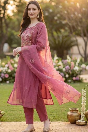 Women Floral Embroidered Thread Work Kurta with Trousers & With Dupatta