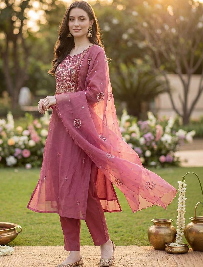 Women Floral Embroidered Regular Thread Work Kurta with Trousers & With Dupatta