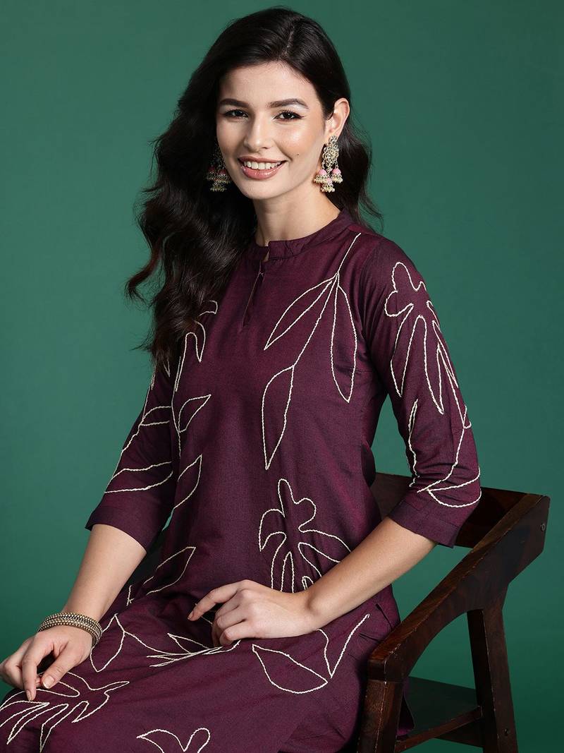 Floral Embroidered Thread Work Pure Cotton Kurta with Trousers