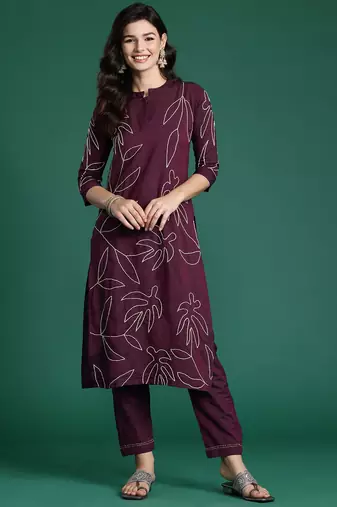 Floral Embroidered Thread Work Pure Cotton Kurta with Trousers