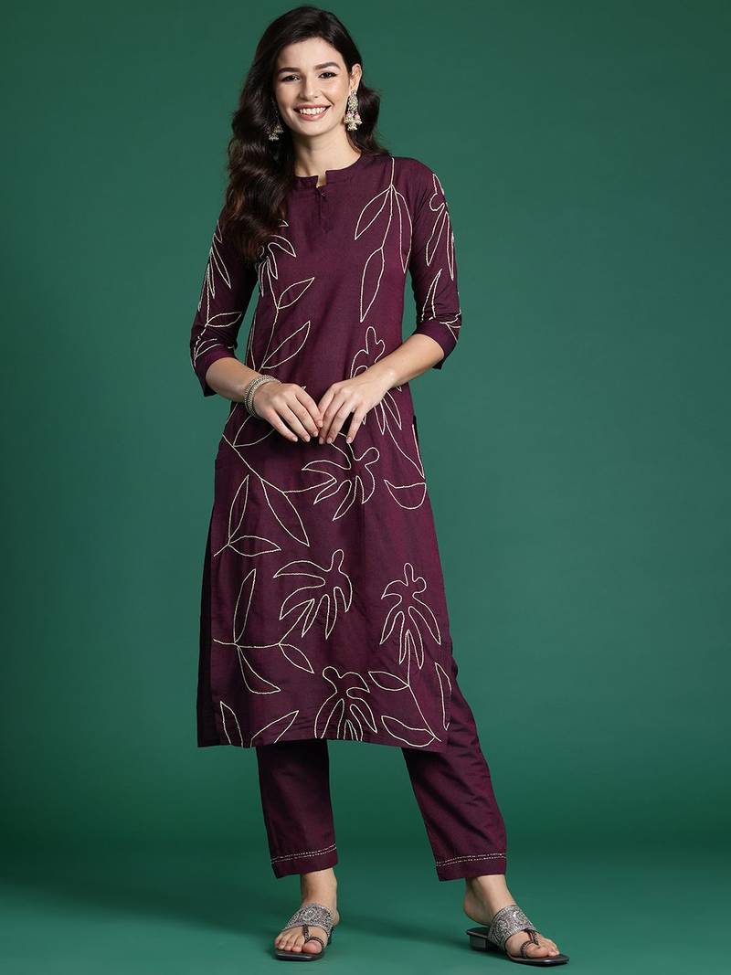 Floral Embroidered Thread Work Pure Cotton Kurta with Trousers