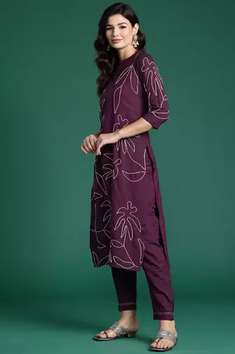 Floral Embroidered Thread Work Pure Cotton Kurta with Trousers