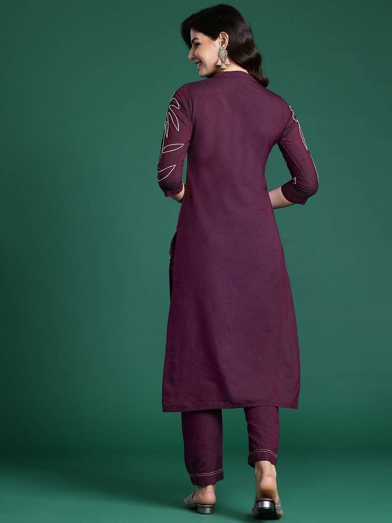 Floral Embroidered Thread Work Pure Cotton Kurta with Trousers
