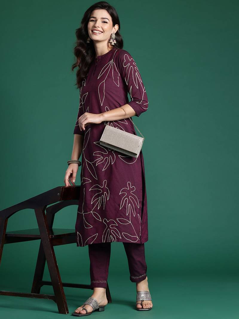 Floral Embroidered Thread Work Pure Cotton Kurta with Trousers