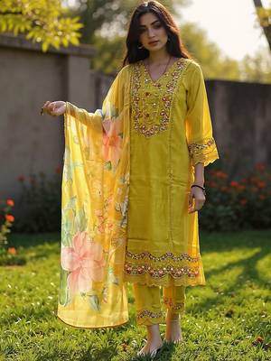 Floral Embroidered Thread Work Kurta With Trousers & Dupatta 1