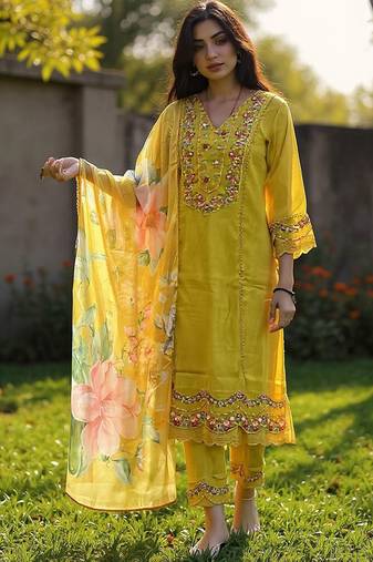 Floral Embroidered Thread Work Kurta With Trousers & Dupatta