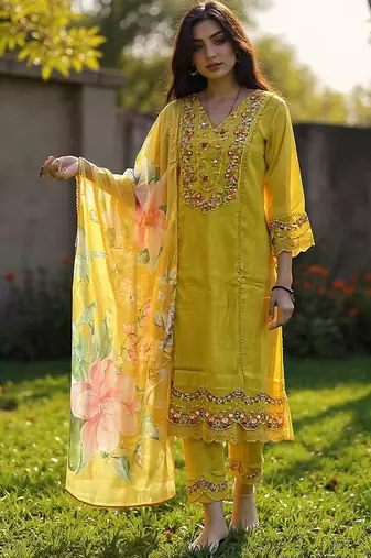 Floral Embroidered Thread Work Kurta With Trousers & Dupatta