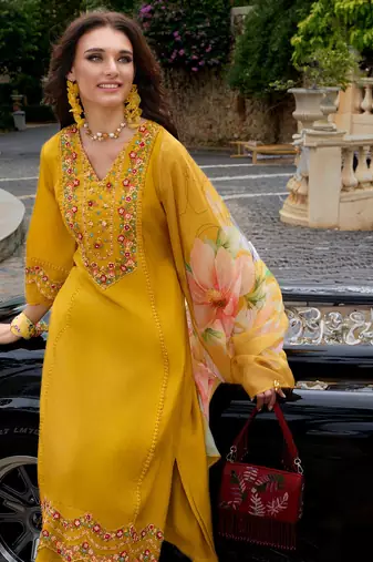 Floral Embroidered Thread Work Kurta With Trousers & Dupatta