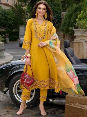 Floral Embroidered Thread Work Kurta With Trousers & Dupatta 6