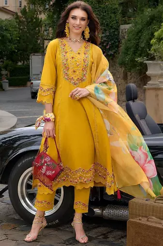 Floral Embroidered Thread Work Kurta With Trousers & Dupatta